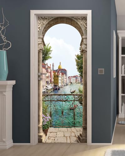 FLFK Door Mural Sticker - Italian Water City,Peel and Stick,Combined Size 30.3"x78.7",Split into 2 Pieces - color: Mt1095, size: 30.3"x78.7"