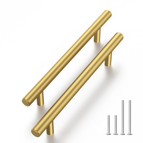 Haliwu 30 Pack 4in Gold Cabinet Handles for Kitchen Cabinet Handles | Stainless Steel, Gold Handles for Cabinets, Round T-Bar Shape, Brushed Gold Cabinet Pulls, Screws Included - size: 4 inch Hole Center