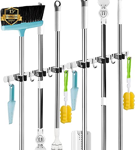 2 Pack Broom Holder Wall Mount, 3 Racks 4 Hooks Mop and Broom Organizer - color: 3 Racks & 4 Hooks (Silver) - 2 Pack