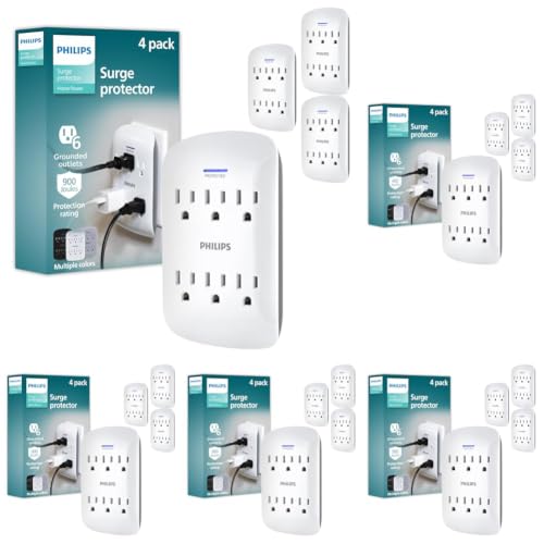 Philips 6-Outlet Extender Surge Protector, 900 Joules, 3 Prong, Space-Saving Design, Protected Indicator LED Light, White, SPP3469WA/37 (Pack of 20) - size: (Pack of 20)