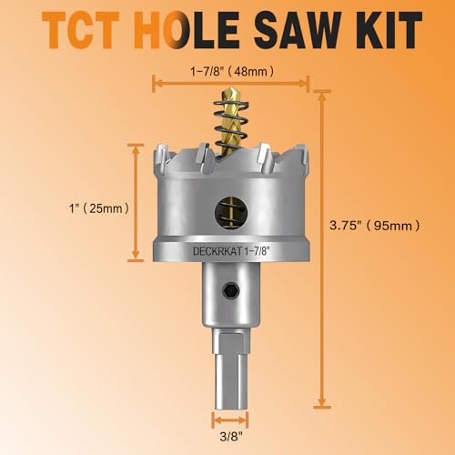 DECKRKAT 1-7/8" TCT Hole Saws for Hard Metal, Heavy Duty 48mm Tungsten Carbide Tipped Hole Cutters Set with Spring-Loaded Pilot Drill Bits for Stainless Steel, Metal, Iron, and Plastic. - size: 1-7/8" (48mm) X 1Pcs