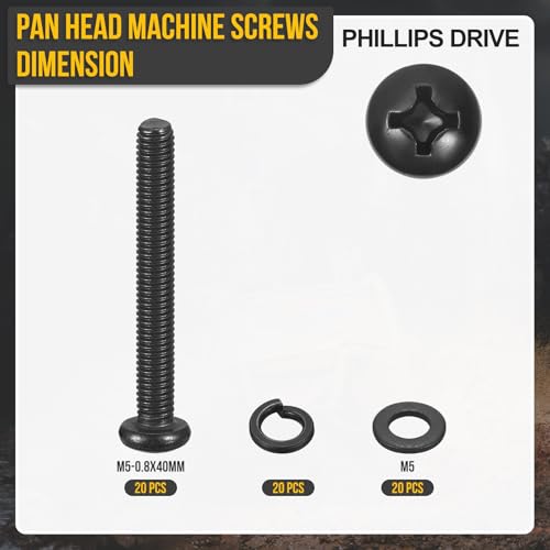 DTGN M5-0.8x40mm Phillips Pan Head Machine Screw W/Washer Black 60Pcs - size: M5-0.8x40mm