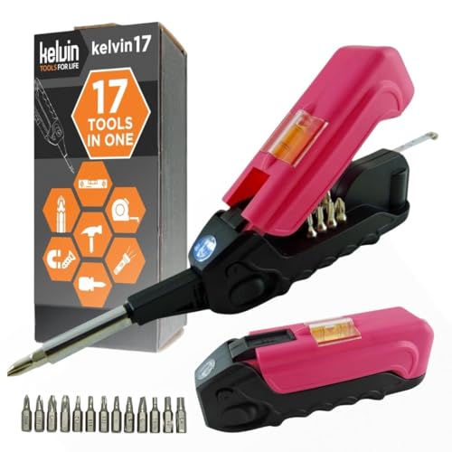 Kelvin Tools - Kelvin 17 Urban Screwdriver Set, All in One Everyday Multitool Screwdriver, Multi-Tip, Compact & Universal Precision, 13 Bit Set with Tape Measure, Liquid Level, Hammer and Flashlight - color: Pink