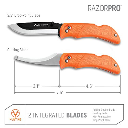 OUTDOOR EDGE RazorPro Double Blade Hunting Knife with Flip N’ Zip Bone Saw – Folding Knife with Gutting Blade & Replaceable RazorSafe Skinning Edge, Includes Camo Nylon Sheath - style: RazorPro (Gut & Skinning + Saw)