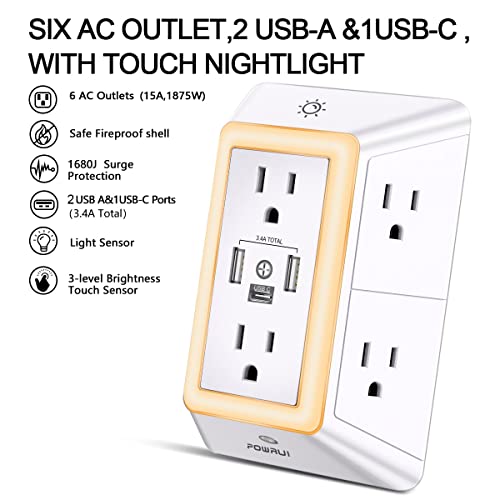 Multi Plug Wall Outlet Night Light, POWRUI 6 Outlet Extender & 3 USB Ports - color: White(6Outlets/Night Light), size: 2U1C
