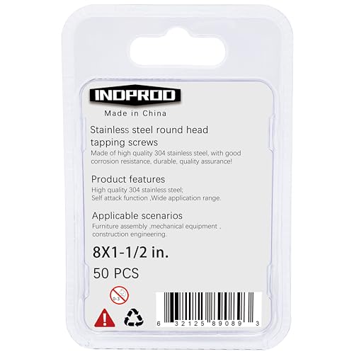 #8 x 1-1/2" Wood Screw, Phillips Pan Round Head, 304 Stainless Steel, Self Tapping Sheet Metal Screws, M4 x 40mm, 50-Piece - size: #8x1-1/2" (M4x40mm)