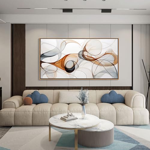 KLAKLA Modern Abstract Gray and Brown Designs - Colorful Curves and Translucent Medium - Frame Wall for Living Room Office Wall Decor Picture Artwork for walls - color: White + Orange Frame, size: 58"L x 29"W