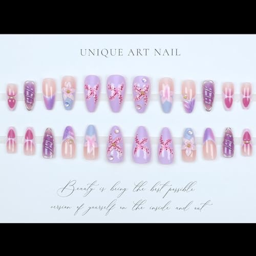 LPOODDNU Purple Pink Press on Nails Almond - Medium 3D Embossed Flower Fake Nails with Pearl Designs, Glossy Finished Reusable False Nails with Adhesive Glue Tabs - 24Pcs Nail Kit for Women Manicure - color: purple pink flower