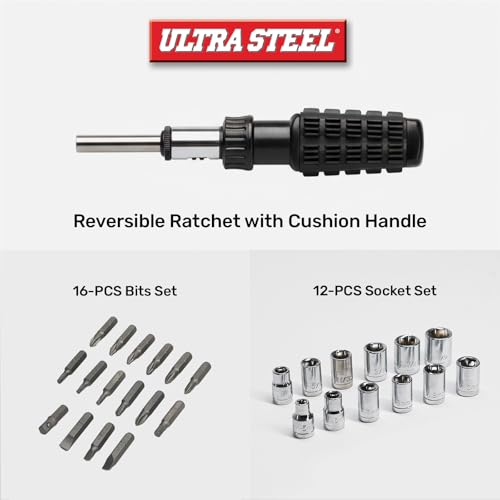 34PC Reversible Ratchet Wrench Driver Set, Bits and Sockets