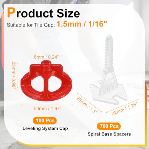 PATIKIL 1 Set Tile Leveling System Clips, 1/16"- 700 Pcs Spiral Base Spacers + 100 Pcs Caps for Wall/Floor Ceramic Tile and Stone Installation Effortless Install Precision, White Red - size: Small