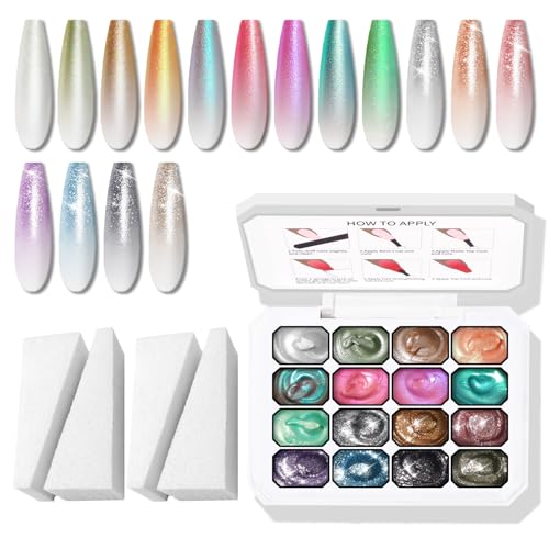 Glitter Pat Gel Ombre Nail Polish Palette, 16Colors Aurora Mermaid Nail Art - color: 16 Colors E