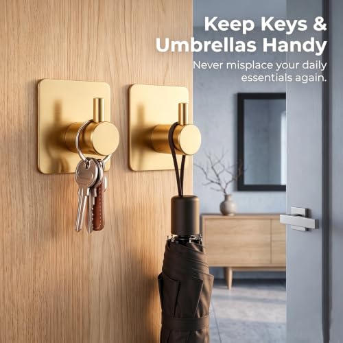 Fotosnow Gold Brushed 304 Stainless Steel Adhesive Wall Hooks, 15 lbs Heavy Duty No Drill Waterproof Rustproof Oil Resistant Anti-Slip Stick On Hooks-6 Pack - color: Gold-6 Pack