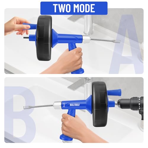 BULLTOOLS Drain Snake, 25FT Drain Auger with Drill Adapter, Flexible Snake Drain Hair Removal Tool for Kitchen Sink, Bathtub, and Shower Comes with Gloves and Storage Bag
