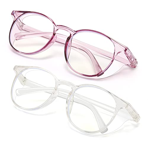 2 Pairs Anti Fog Safety Goggles Protective Glasses Blue Light Blocking Eyeglasses for Men Women - color: Round Transparent+purple