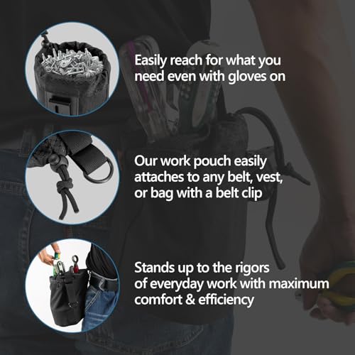 Waxed Canvas Nail/Screw Pouch, Tool Pouch with Belt Clip, 5 x 5 x 8 Inch Rounded Bolt Bag with Stand up Base Metal Clip on Organizer, Nail Pouch Suitable for Carpenters, Electrician, Carpenter - color: Black