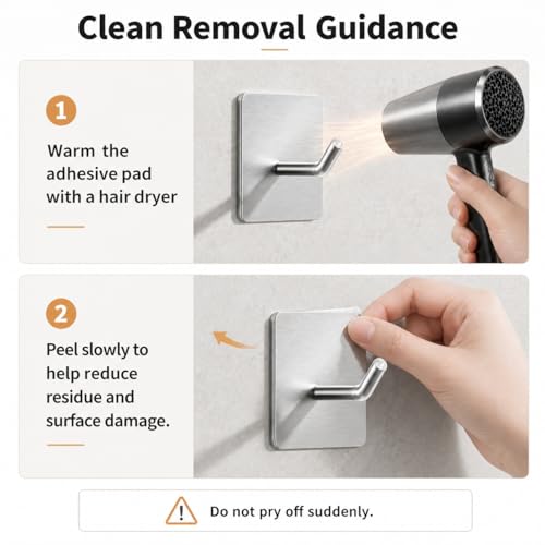 4 Pack 304 Stainless Steel Adhesive Wall Hooks, No Drill Hangers