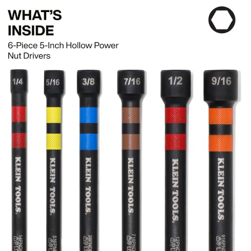 Klein Tools 32940 SAE Magnetic Hollow Impact Nut Drivers Set, 6-Piece Color Coded Hollow Power Nut Driver with Extended Reach, 6 SAE Sizes - size: 5-Inch/6-Piece Set