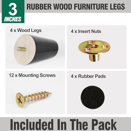 FoDau770 Rubber Wood Legs 3", Slant Taper, 5/16"-18 Thread, Black, 4pcs | Wood Couch legs - Mid Century Sofa Legs - Furniture legs Replacement for Cabinet Dresser Chair Ottoman - color: Black, size: 3 Inch - Slanted (80°)
