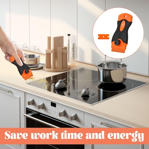 Plastic Scraper Tool with 10 Razor Blades, Orange and Black, Anti-Slip Grip Handle, Paint and Adhesive Remover for Glass Window Car Surface, 4.3 Inch Length