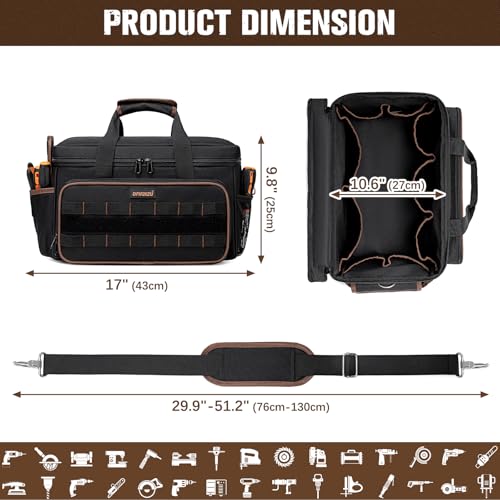 Tool Bags for Men, 17 Inch Heavy Duty, 20 Pockets, Wide Mouth | Full-opening design, 900D Oxford and shoulder strap for worksites, for electricians, mechanics, carpenters and HVAC techs