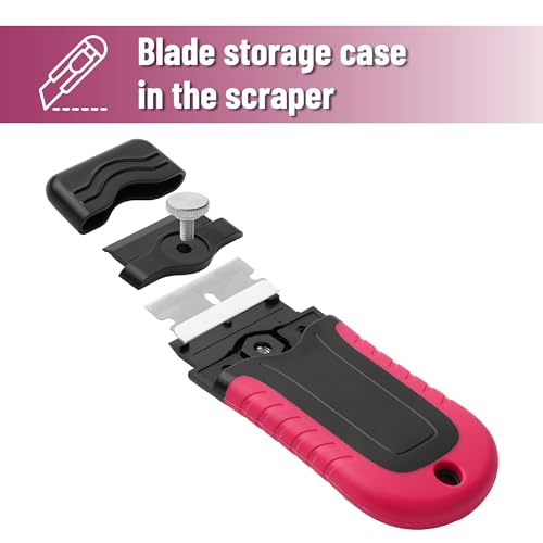 Bates- Razor Blade Scraper, Pink, Locking Razor Scraper Set with 10 Extra Stainless Steel Blades, Window Scraper, Scraper Tool, Glass Scraper, Scraper Blades, Paint Scraper Blade Scraper for Cleaning - color: Pink