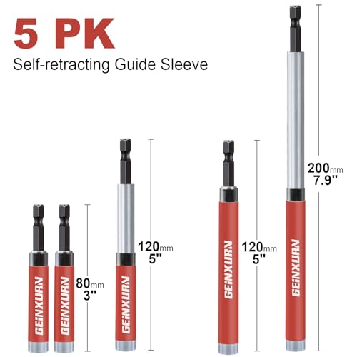 Geinxurn 5 PCS Drive Guide with Self Retracting Sleeve, Mixed Length Magnetic Drill Bit Tip Holder for Prevent Screws Shaking When Driving - style: GSLB005