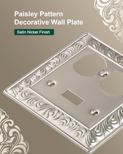 2-Pack Paisley Pattern Metal Combo Toggle/Duplex Light Switch Cover Plate | Decorative Wall Outlet Cover Plate, 2 Gang Metal Wall Plates for Electrical Outlets, Light Switch, Satin Nickel - color: Satin Nickel, size: 1 Toggle/1 Duplex 2PK