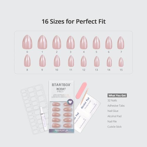 BTArtbox Press On Nails, Nudies, Short Almond, Short Nude Chrome, 32Ct - color: A1- Nudies