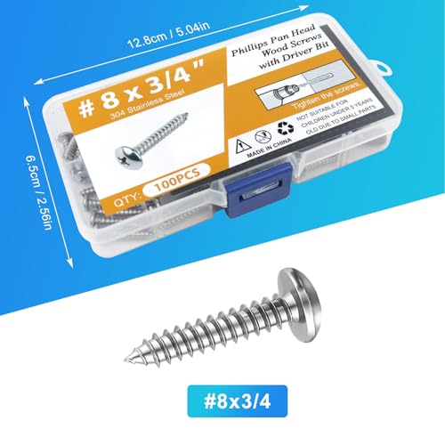 100PCS #8 x 3/4" Wood Screws, Pan Head Stainless Steel Sheet Metal Screws, Fast Self Tapping Screws for Deck Drywall Concrete Screws with Screwdriver Bit - style: Silver #8X3/4" Pan Head 100PCS