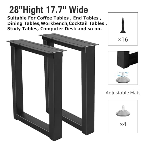 Metal Table Legs 28''Hight 17.7'' Wide Heavy Duty Iron Furniture Legs with Adjustable Protector Feet, Modern Desks for DIY Dinning Coffee Table (Rectangle Shape, 2pcs)-Black - size: H28" × W17.7" Square