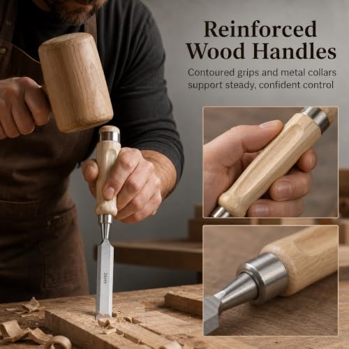 8 Pcs Wood Chisel Set for Woodworking, CR-V Steel Wood Carving Chisels Kit (1/4" to 1-1/2") with Sharpening Stone & Honing Guide, Professional Carpentry Hand Tools in Wooden Box