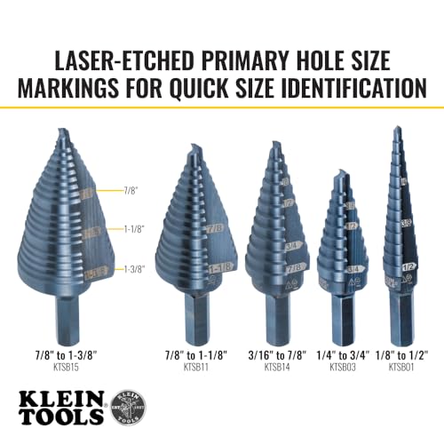 Klein Tools KTSB15 Step Drill Bit #15 Double Fluted 7/8 to 1-3/8-Inch with Easy-to-Read Step Markings and Targets, 3/8-Inch Hex Shank - size: 7/8 to 1-3/8-Inch, style: Standard