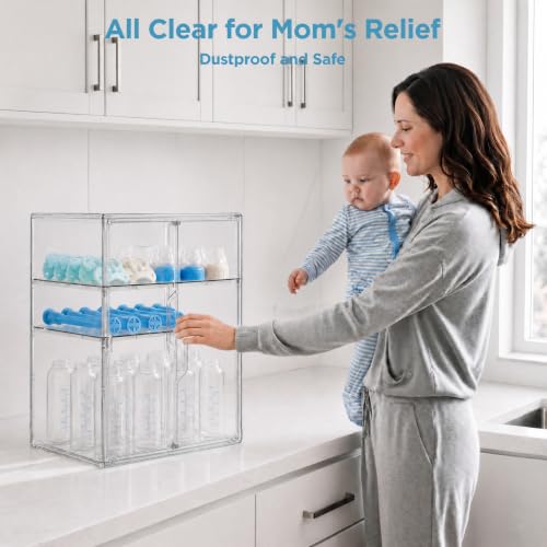 HBlife Baby Bottle Storage Organizer for Countertop Cabinet, 3 Tiers Adjustable Clear Acrylic Bottles Storage Station Case Box Container with 2 Removable Dividers and Magnetic Double Door, X-Large - size: X-Large, style: 3-Tier Double Door