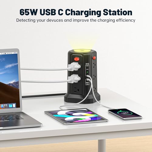 PASSUS Tower Surge Protector Power Strip with PD 65W USB C Port - color: Black-4C1A