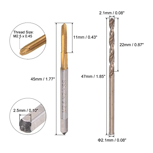 uxcell M2.5 x 0.45 Spiral Point Thread Tap 2.1mm Drill Bit Set, Metric Titanium Plated Cobalt High Speed Steel Machine Screw Thread Tap Threading Tool - size: M2.5 x 0.45 + 2.1mm