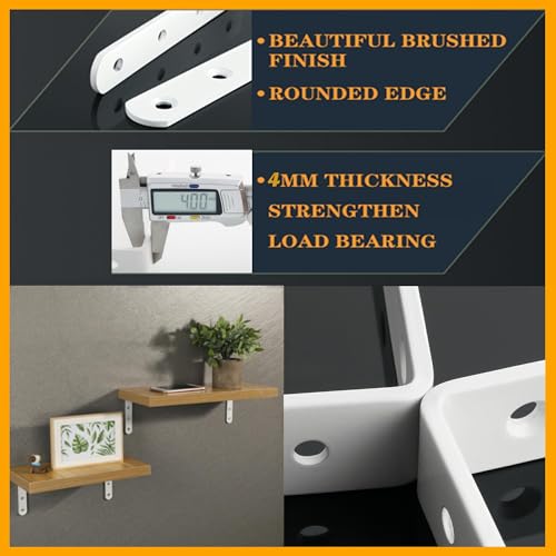 Alise 4Pcs Floating Shelf Brackets, White Heavy Duty L Bracket for Shelves | 3.2 X3.2 Inch Stainless Steel Corner Joint Angle Bracket for DIY Shelf Hanging Support - color: White, size: (4P) 3.2x3.2x0.8 inch