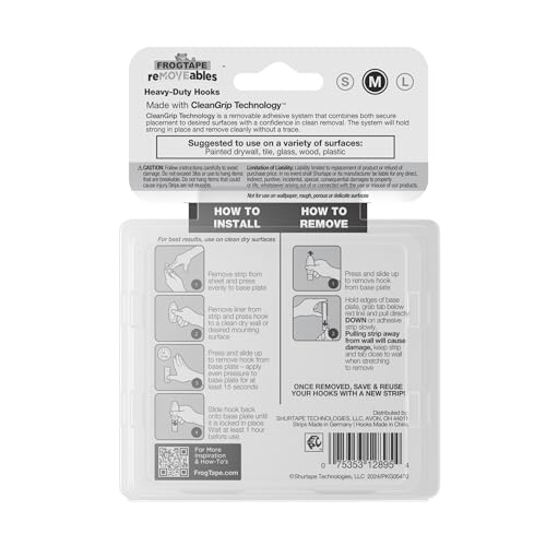 FrogTape reMOVEables Heavy Duty Wall Hooks - 8 Hooks and 12 Strips - Holds up to 3 lbs - No Damage - Easy to Remove & Reuse - Medium Wall Hook with Adhesive Strips - White (Pack of 8) - size: Pack of 8, style: Medium