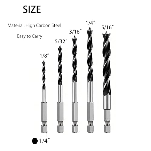 Brad Point Drill Bit Set, 5PCS Wood Drill Bits 1/8"-5/16" with Quick Change Hex Shank - Wood Drill Bit Set Professional for Hardwood, Plywood, Plastic, Ideal for Carpentry, DIY & Woodworking Projects - size: 5pcs1/8-5/16