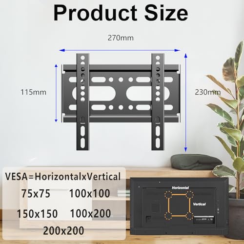 Fixed TV Wall Mount for 14-42" Flat Screen TVs, Small Wall Mount TV Bracket fit 19 24 28 32 35 39 40 inch, VESA Up to 200x200mm 55lbs Max Load, Easy Install Low Profile Monitor Mount Bracket