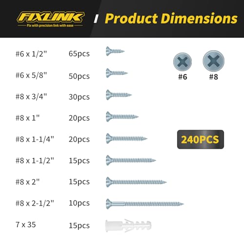 240PCS Wood Screws Assortment Kit, FIXLINK Zinc Coated Flat Head Screws Set - color: Zinc Coated