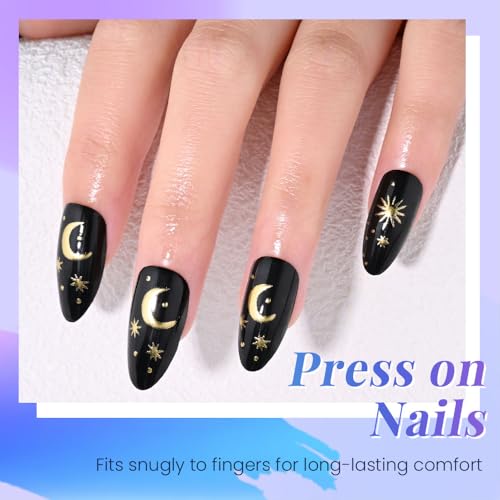 Black Star Moon Press on Nails, Long Almond Acrylic Fake Nails Design, Natural Reusable Glue-On Nails Kit for Women DIY 3D False Nail Art Decoration Gift, Salon Quality Reusable 15/30 Psc - color: 289-Star Moon, size: 24 Pieces (Pack of 1)