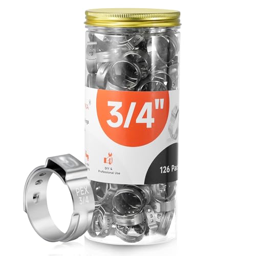 126pcs 3/4 inch PEX Cinch Clamps Rings, 304 Stainless Steel Pex Crimp Rings, Heavy Duty Thickened Single Ear Hose Clamps for PEX Tubing Pipe Fitting Connections - color: 126 Pcs, size: 3/4 inch