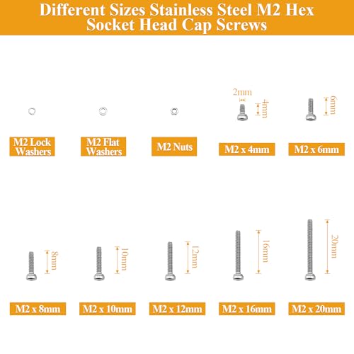 565 Pieces M2 Screws Nuts Washers Set, Sutemribor M2 x 4/6/8/10/12/16/20mm Hex Socket Head Cap Screws Nuts Washers Assortment Kit, 304 Stainless Steel, Fully Threaded - size: M2, style: Socket Head