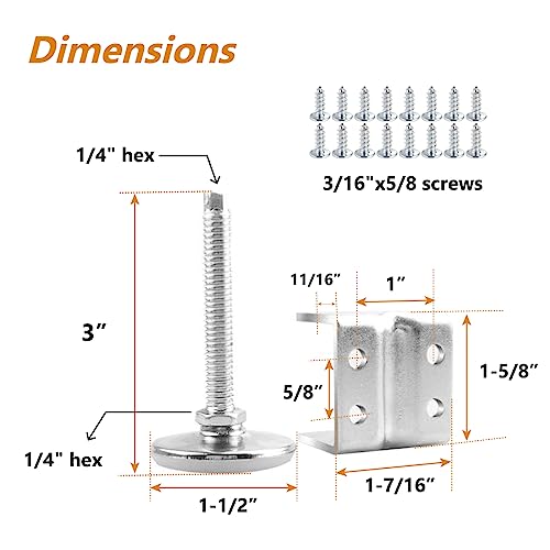 POWERTEC U-Bracket Leg Levelers 4PK, Heavy Duty Adjustable Furniture Feet for Work Bench/Cabinet/Desk, w/Non-Marring Pads (71151) - size: U Bracket Leveler, Set of 4