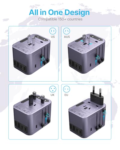 VINTAR Universal Travel Adapter 30W, 6-in-1 with 3 USB-C & 2 USB-A, Purple - color: 30W Purple
