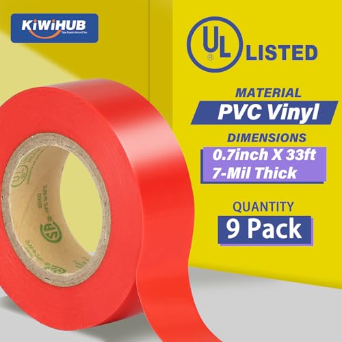 Red Electrical Tape, UL Approved, 0.7in x 33ft, 9 Pack - color: Red