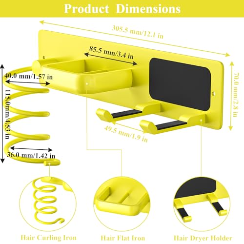 Tindbea Hair Dryer Holder Wall Mount Aluminum Alloy Hot Tools Organizer - color: Bright Yellow