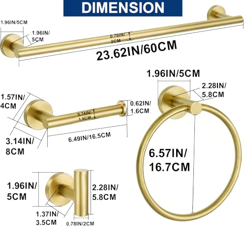 5 Pieces Bathroom Hardware Accessories Set Brushed Gold, 24Inch Bathroom Towel Rack Set SUS304 Stainless Steel, Round Toilet Paper Holder Heavy Duty, Wall Mounted - color: Brushed Gold, size: 5 Pieces 24" B