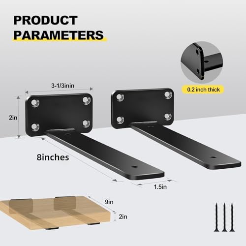 12 Pack - 8 inch Black Hidden L Shelf Bracket (1/5 Inch Thicked) Iron Floating Shelf Brackets Rustic Industrial Metal Brackets for Shelf Support - size: 8 Inch, style: Black 12 Pack