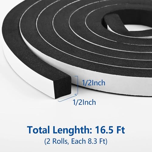 Kikerike Self Adhesive Foam Tape Weatherstrip 1/2In x 1/2In x 16.5Ft High Density Foam Insulation Strips Seal Weather Stripping with Strong Adhesive for Door and Window Sound Isolation Soundproofing - size: 1/2in x 1/2in x 16.5Ft